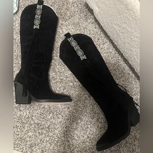 Black Suede Knee-High Boots with Fringe